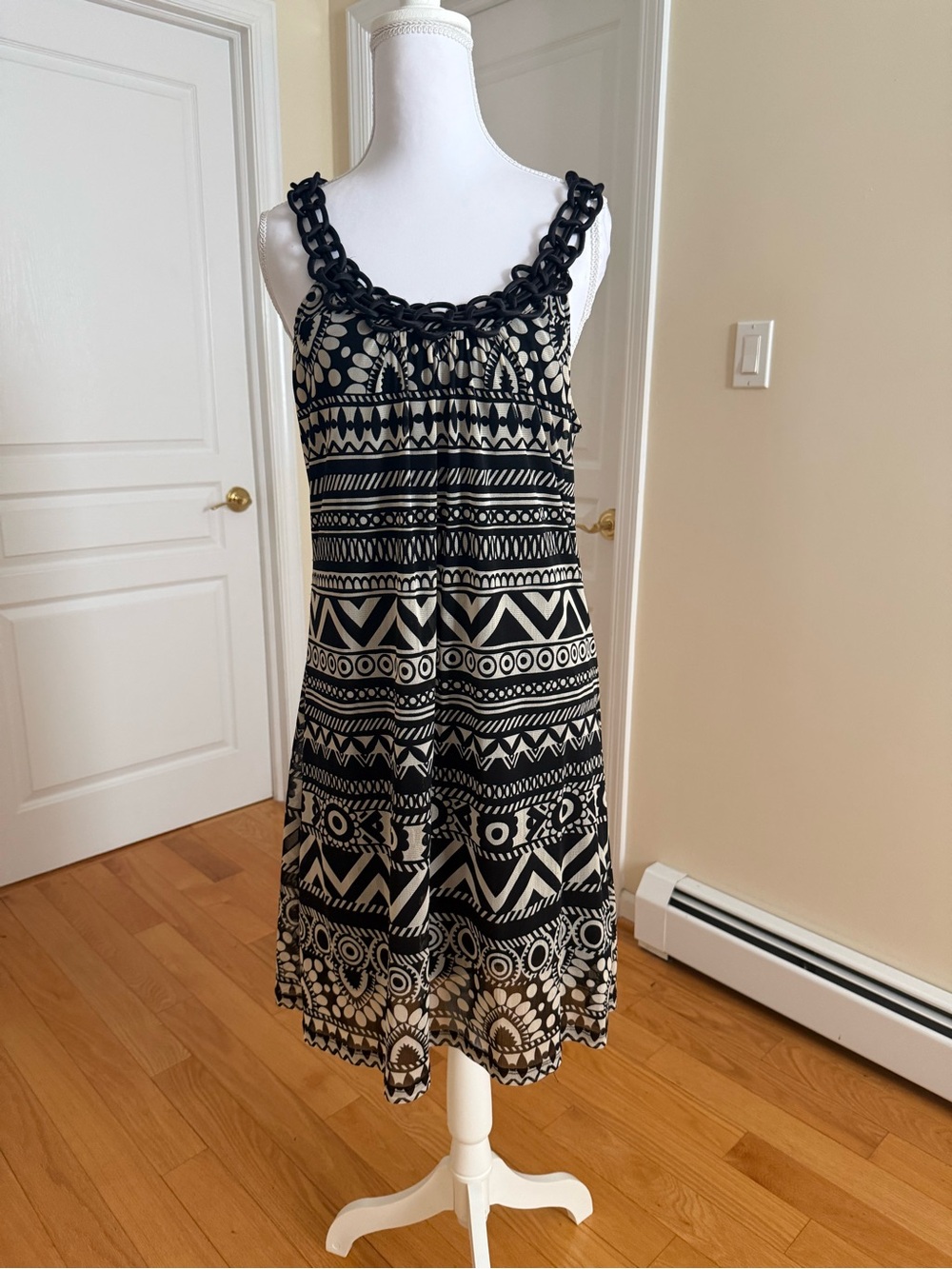 INC Cute Black and White Patterned Sleeveless Dress with Crochet Trim